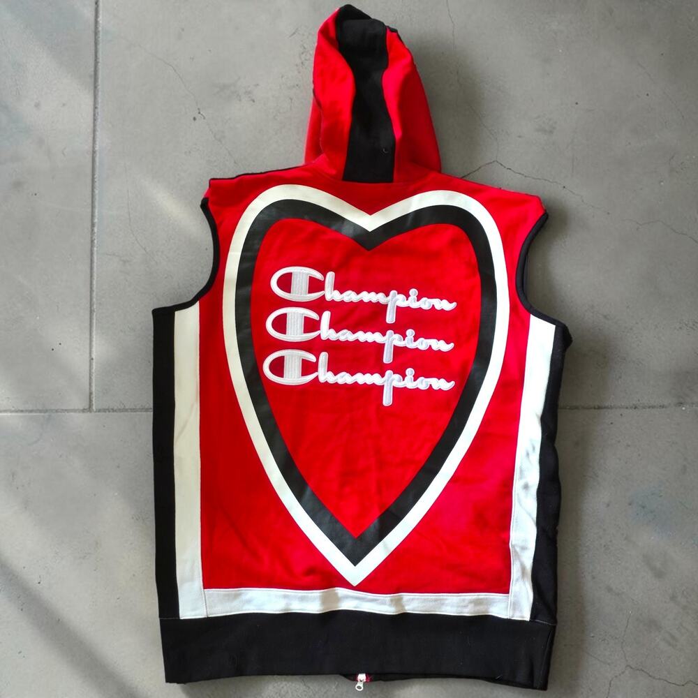 Champion Sleeveless Hoodie Vest Red Hip Hop Baggy Streetwear Oversized Zip